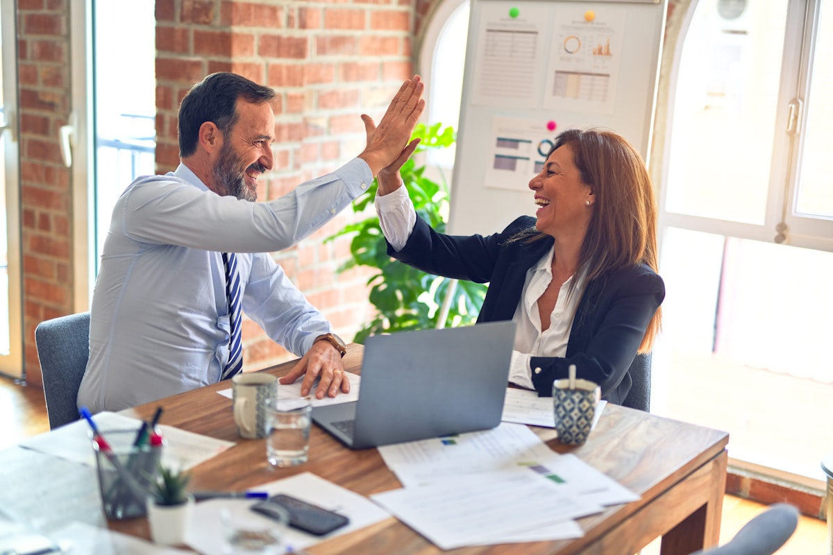 Business professionals collaborating in a modern meeting room
